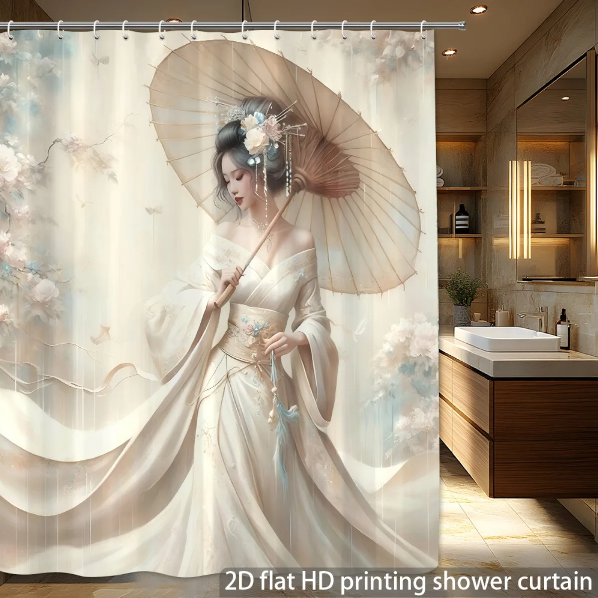 

Chinese Geisha Art Shower Curtain Elegant Woman with Umbrella Traditional Asian Style Bath Decor HD Printed Waterproof Bathroom