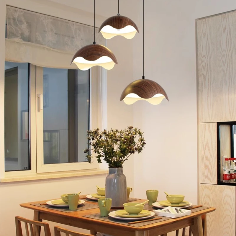 Nordic Retro-style Walnut Wood Grain Eye-friendly Single-head And Triple-head Pendant Lamp Bar Counter Bedside Dimmable Lamp