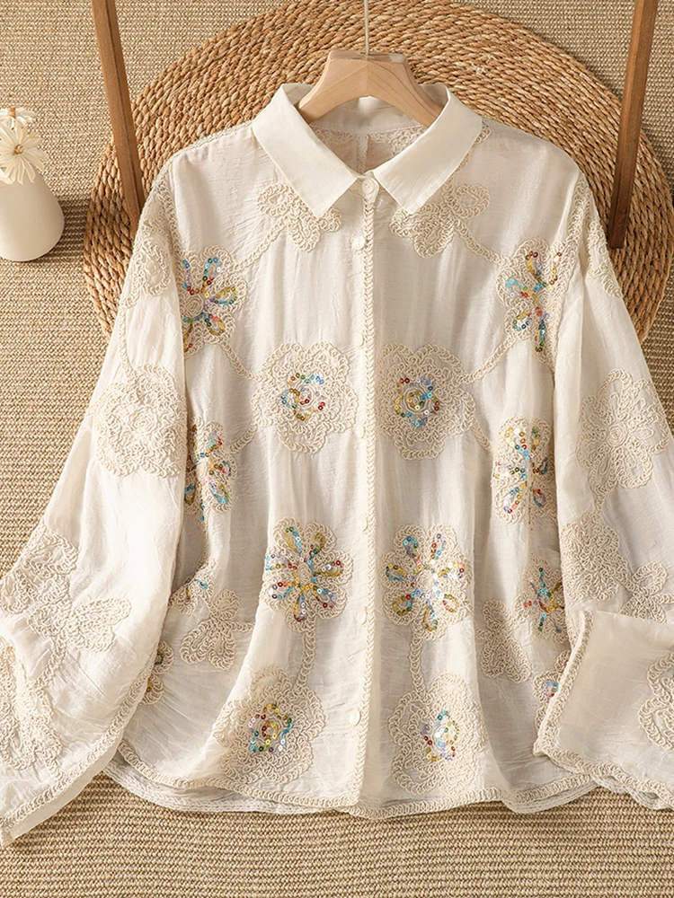 Embroidery Cardigan - Heavy Embroidery Long Sleeve Women's Shirt