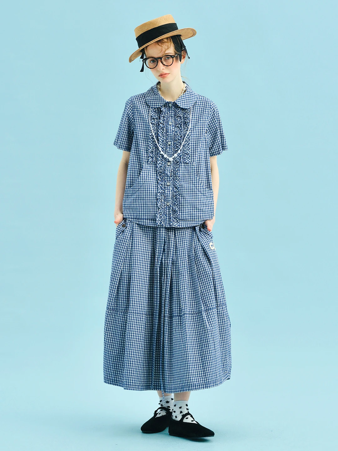 Chemise à carreaux bleue de Style d'été Original, col de poupée lavé en pur coton, dentelle à manches courtes pour dame 255011