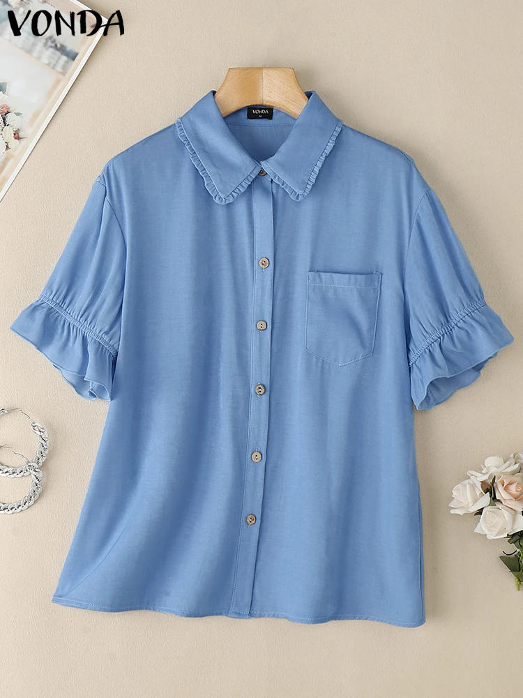 VONDA Summer Tops Ruffles Women Blouses Solid Color Buttons Turn-down Collar Casual Blusas Streetwear Female Tunic Oversize