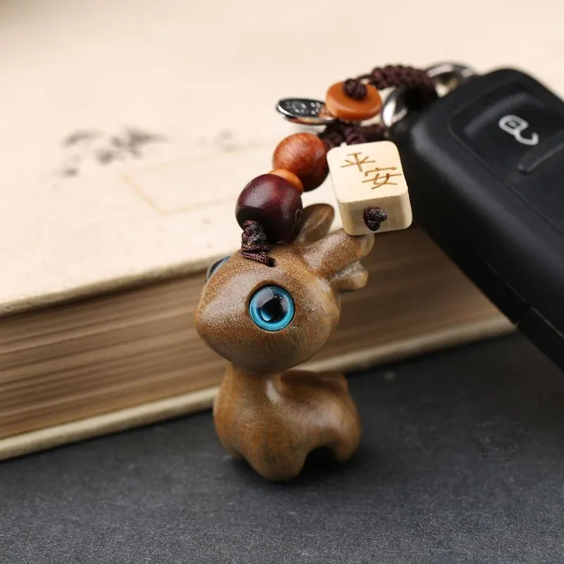 Yilu Sandalwood Deer Car Keychain with Detachable Phone Strap Cute and Fresh Style Unisex Minimalist Accessory Daily Carry Gift