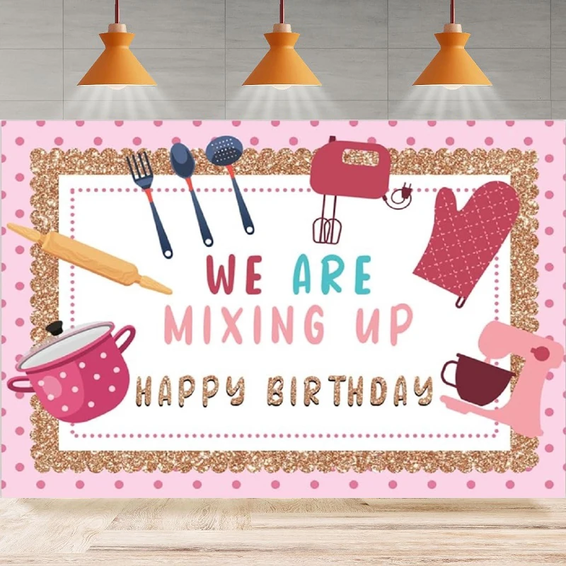 Pink Baking Dessert Cooking Happy Birthday Photography Background We Are Mixing Up Some Kitchen Ware Party Backdrop Wall Banner