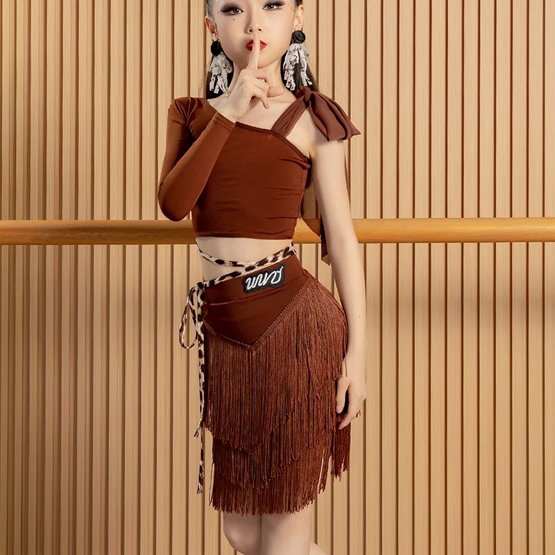 أطفال ملابس الرقص اللاتينية الفتيات بذلة سوداء طويلة الأكمام بلايز شرابة تنورة تشا تشا رومبا سامبا أزياء رقص الأمريكية اللاتينية