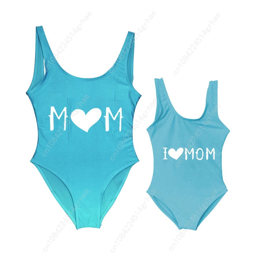 New Baby Swimwear Girls' One Piece Swimsuit I LOVE MOM Heart Letter Printing Bathing Suit Cute Mom Baby Bathing Suits Bather