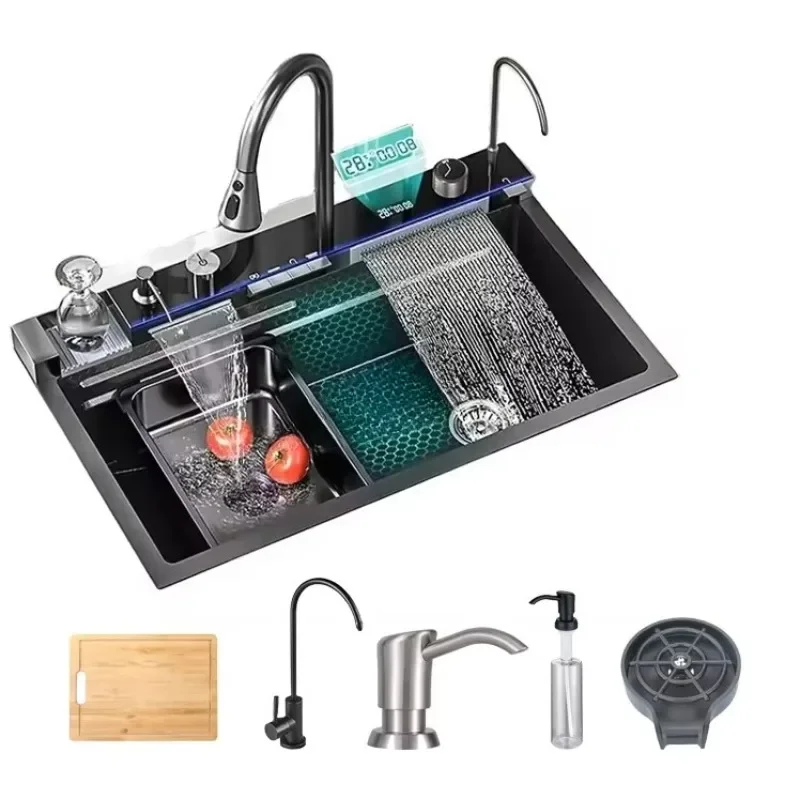 Light Emitting Diode Factory 304 Stainless Steel Scratch Resistant Kitchen Sink Multifunctional Light Emitting Diode Digital