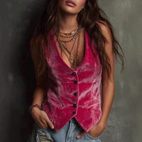 Chaleco de terciopelo liso para mujer, chaqueta elegante con cuello en V y botones, cárdigan informal sin mangas, abrigos Vintage ajustados