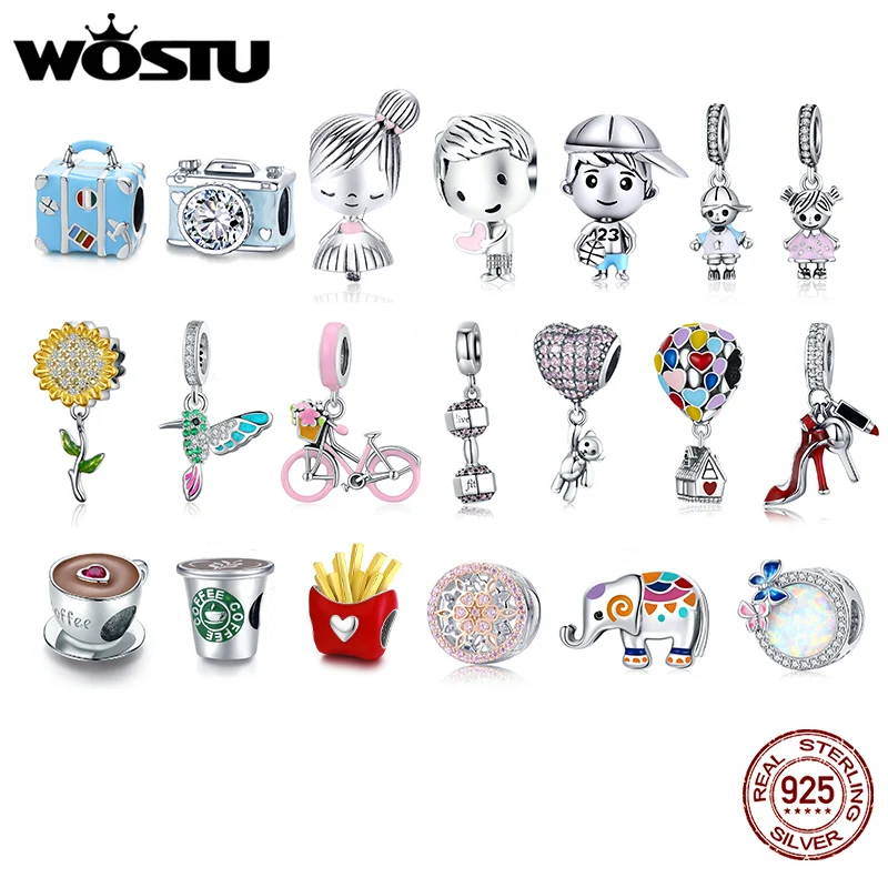 WOSTU-925 Jóias de Prata Esterlina para Mulheres, Pet Charme, Câmera, Abelha, Café, Joaninha, Beads Fit, DIY, Pulseira Original, Pingentes, Mulheres, Meninos, Meninas