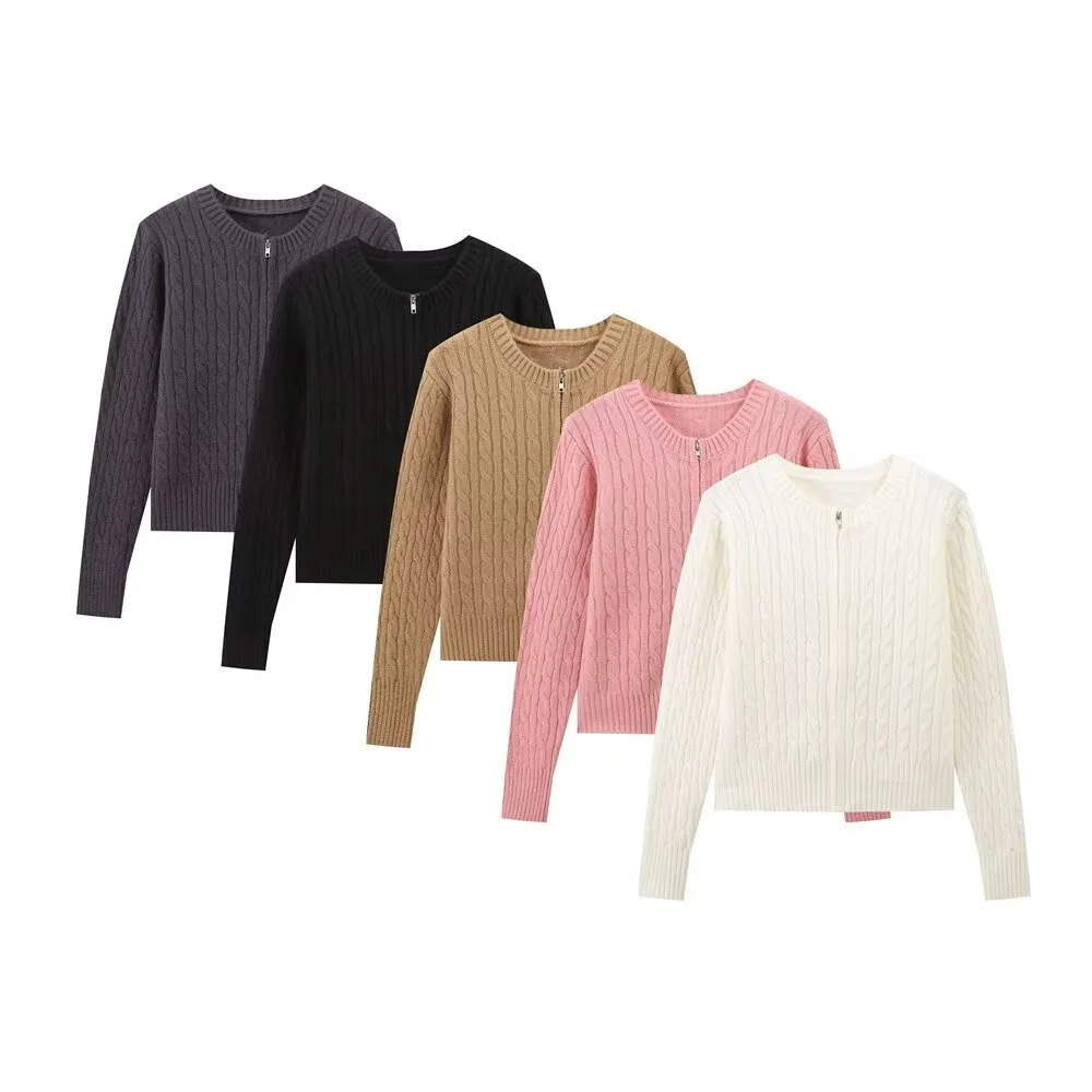 

BMURHMZA Осень Новый женский Повседневный Универсальный Стиль Круглый вырез длинный рукав однотонный на молнии вязаный кардиган пальто