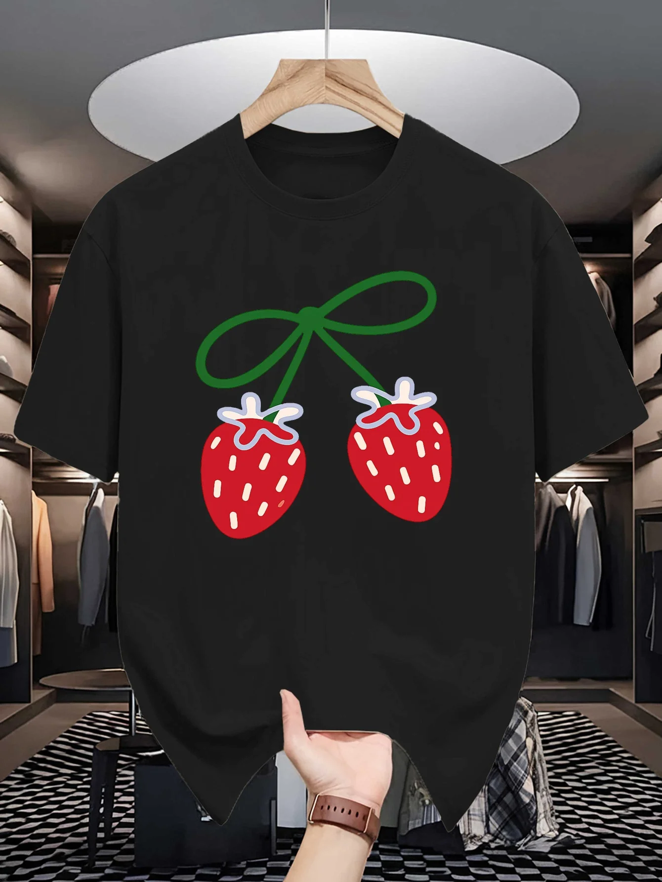 Two Strawberry Green Bow Cartoon Print Mens Crew Neck T Shirt Sweet Fruit Graphic Short Sleeve Casual Cotton Daily Tops