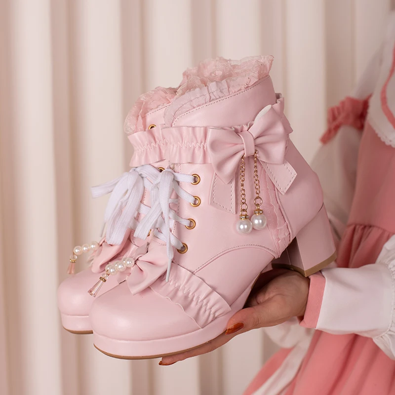 Autumn Winter Block Chunky High Heels Ankle Boots Women Black White Pink Zipper Lolita Girls Booties Office Lady Shoes 34-43