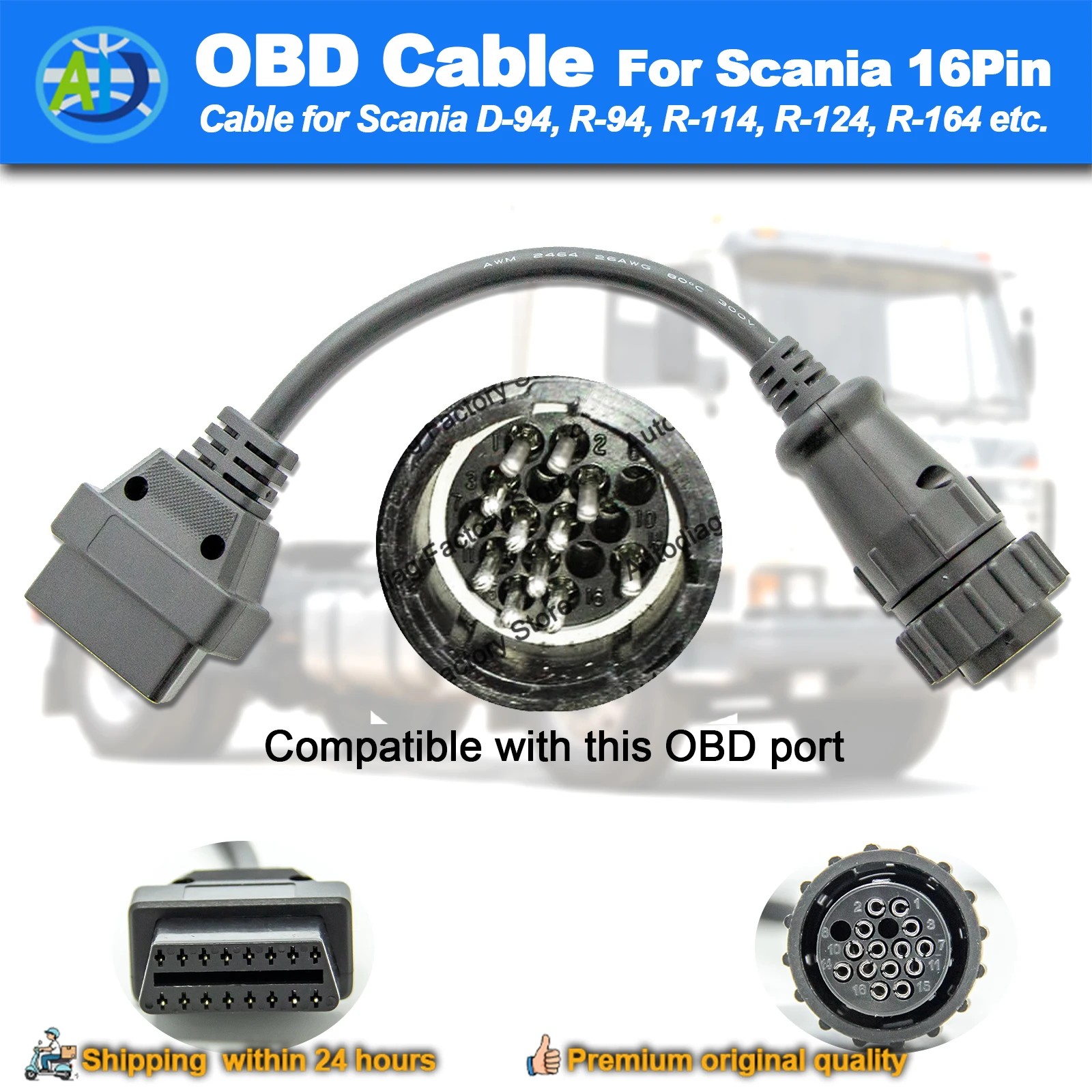 OBD Adapter For Scania Truck 16 Pin OBD to OBD2 Diagnostic Cable For VCI TCS Diagnostic Tool For Scania D94/R94/R114/R124/R164