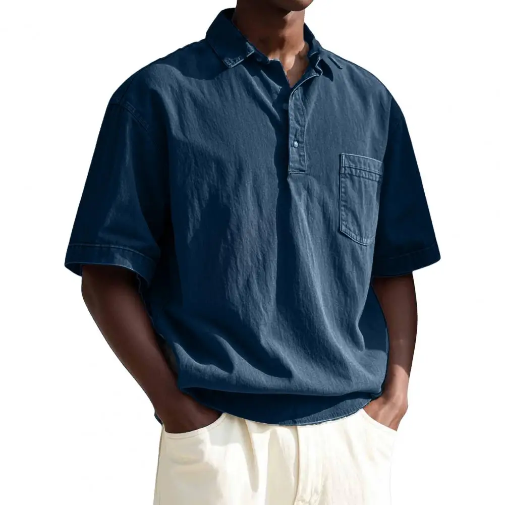 

Men Chest Pocket T-shirt Men's Casual Lapel Collar Tee Shirt for Office Vacation Wear Short Sleeve Solid Color Loose Fit T-shirt