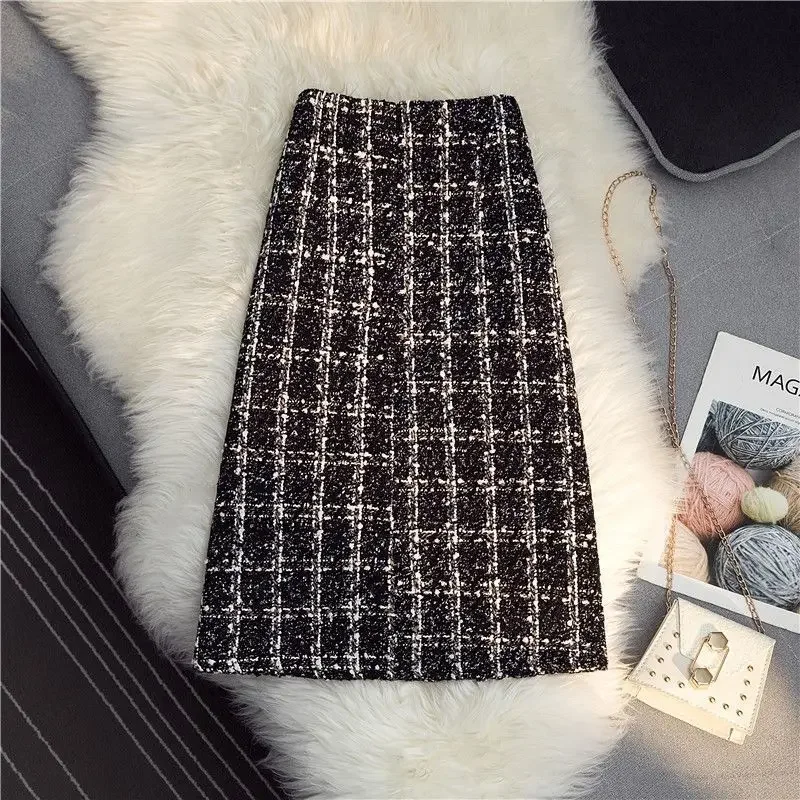 Women Autumn Winter New High Waist Plaid Skirt Female Single-breasted Woolen Skirt Ladies Split Package Hip Skirts 2025