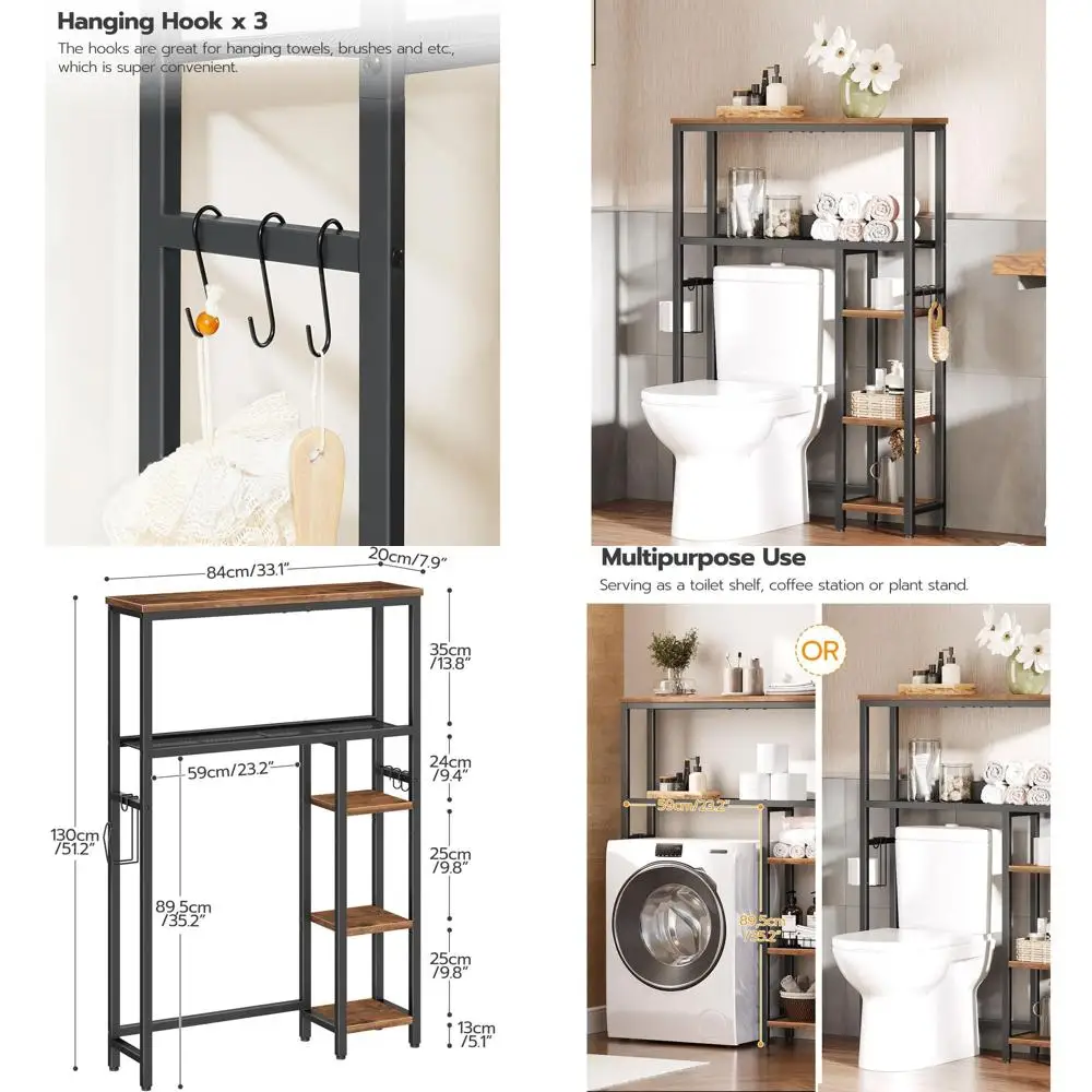 

5-Tier Freestanding Toilet Storage Organizer with Paper Holder and Hooks, Space-Saving Rustic Brown & Black
