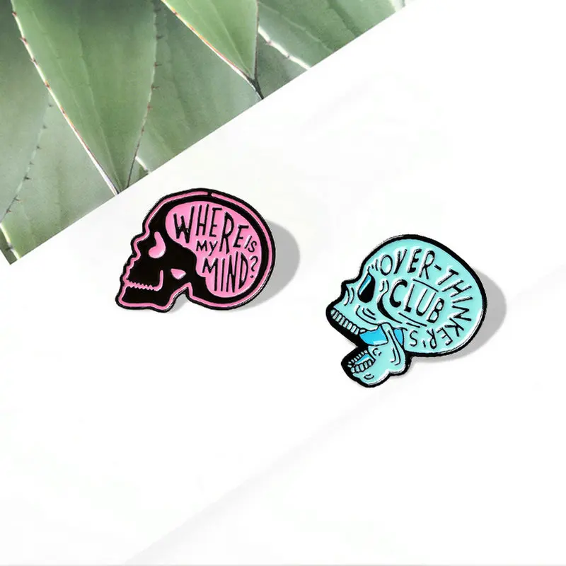 Where is my mind? Enamel Pins Custom Overthink Skull Brooches Lapel Pin Shirt Bag Skeleton Badge Humor Jewelry Gift for Friends