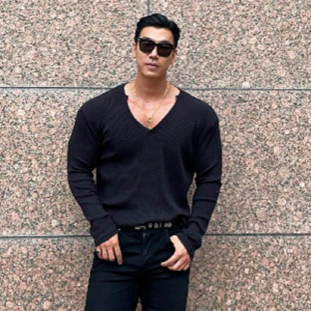 Spring and Autumn trend texture men loose casual long sleeve solid color round neck elastic T-shirt sports men