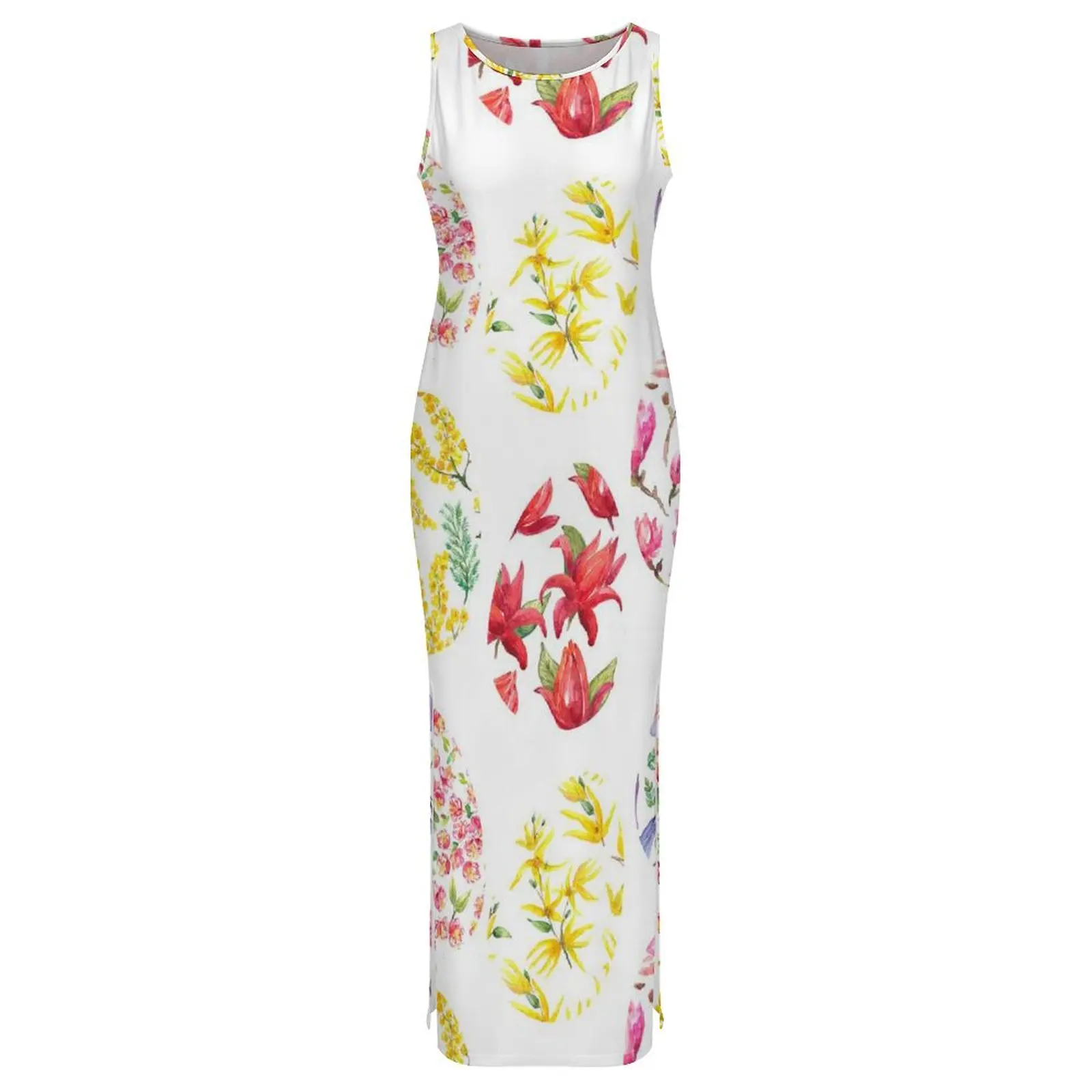 فستان عيد الفصح بدون أكمام بيض زهرة طباعة فنية فساتين ماكسي عصرية صيفية كورية موضة مخصصة فستان ضيق مقاس كبير 3XL 4XL