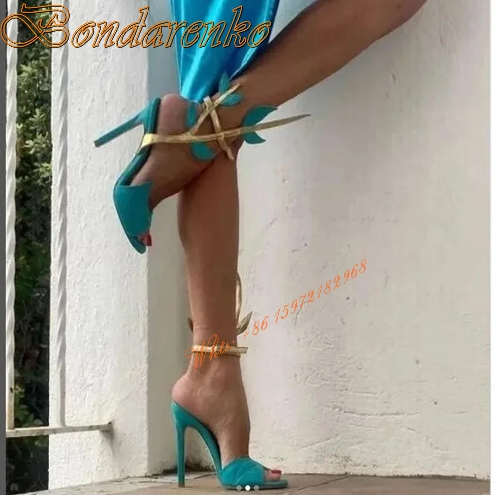 Sexy Foliage Decor New Style Sandals Peep Toe Solid Thin High Heels Ankle Straps Women Summer Shoe Leaves Blue Party Prom Sandal