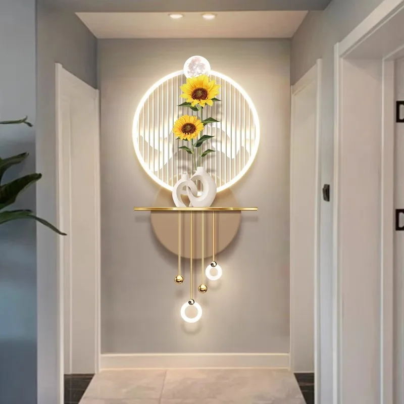 ひまわりのエントランス装飾絵画ウォールランプ、高級感のある廊下の端の照明付き