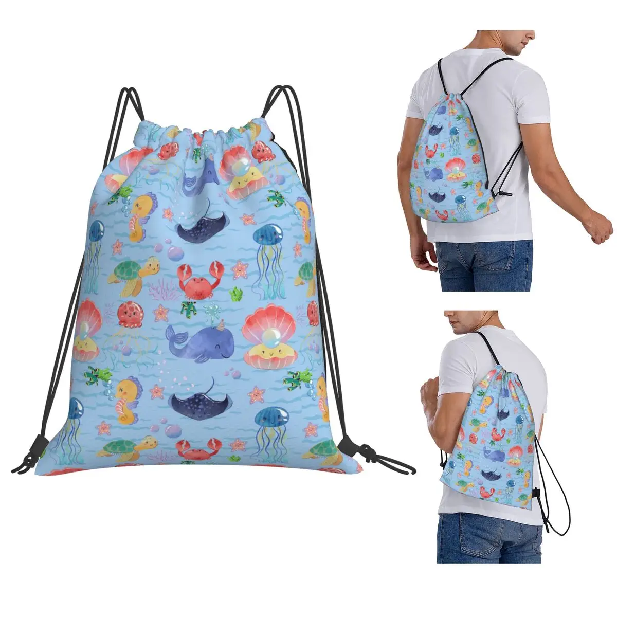 Plastic Free Ocean Creatures Backpacks Portable Drawstring Bags Sports Bag Book Bags for Man Woman School