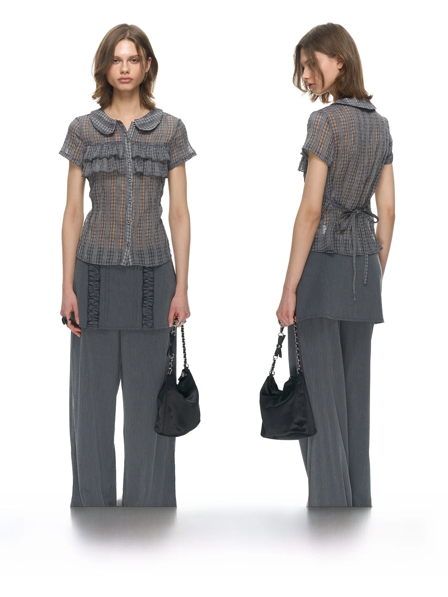 

NECY Polka Dot Plaid irt Women's Spring Summer Belt Design ort Sve Waist Cinched Doll Collar Knot Top