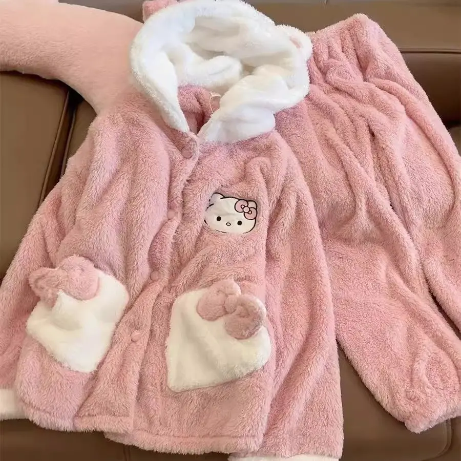 귀여운 포차코 후드 잠옷 여아용 상의 및 바지, 가을 겨울 산호 벨벳, 두꺼운 커플 만화, 귀여운 캐주얼 홈 웨어 세트