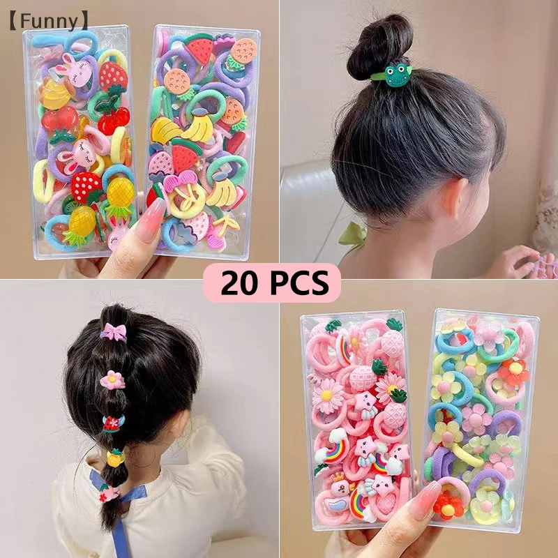 20PCS Children Ponytail Hold Hair Tie Rubber Band Scrunchie Kids Hair Accessories For Women Girls Cartoon Elastic Hair Bands