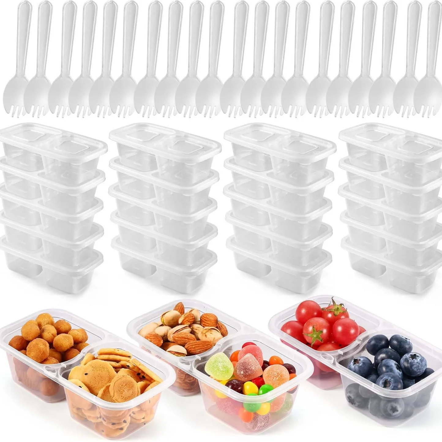 20pcs Compartment Sauce Pots，Reusable Leakproof Dipping Container，Snack Box for Fruits, Yogurt, Salad, Condiments 20PCS Forks