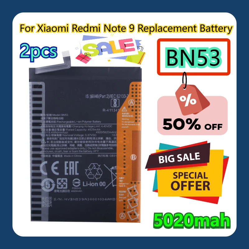 

Для Xiaomi Redmi Note 9 Сменный аккумулятор BN53 2 шт.