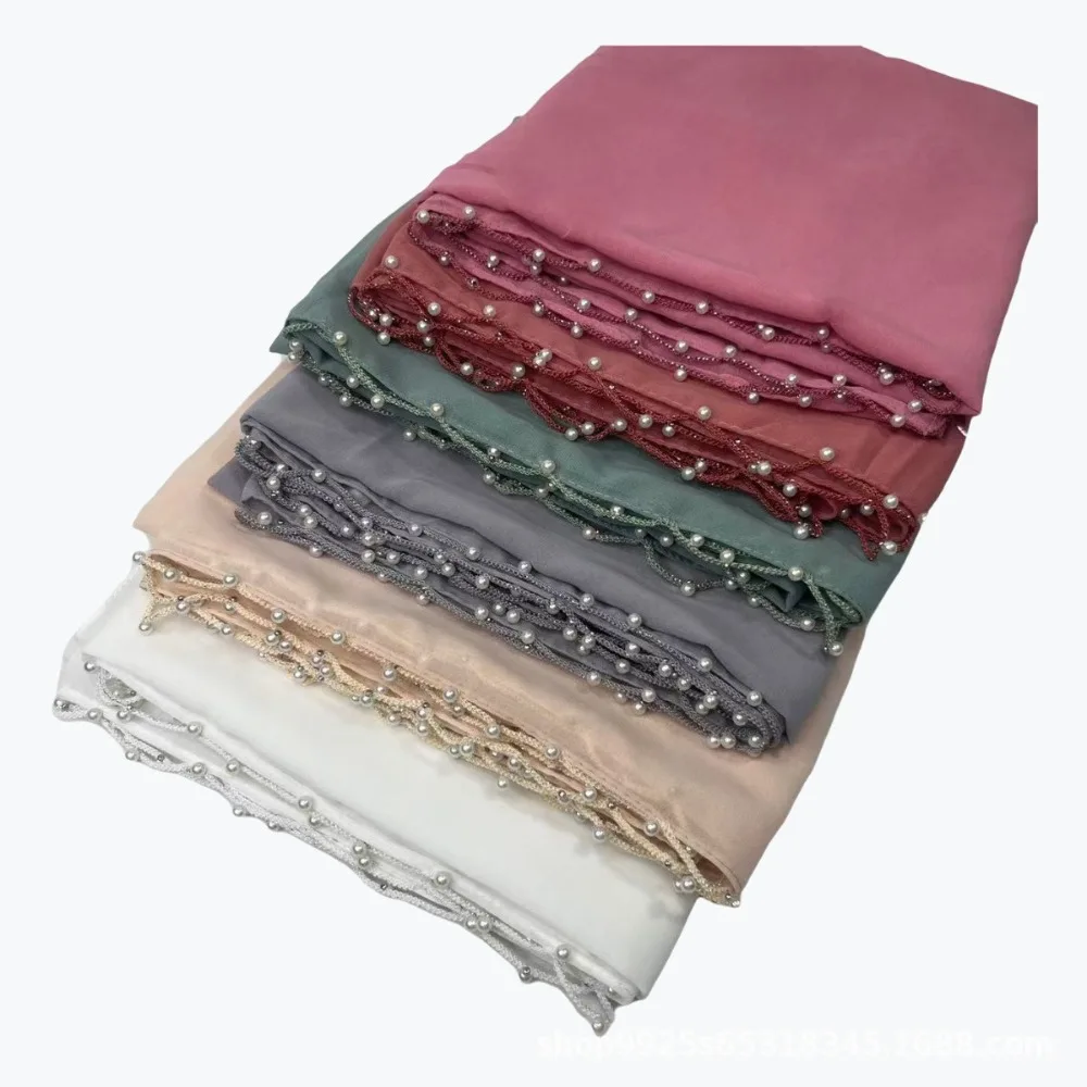 

New 175×70cm Silk Scarves Solid Color Pearl Chiffon Women Satin Hijab Scarf Bandanna Islamic Shawl Head Wrap Female Headband