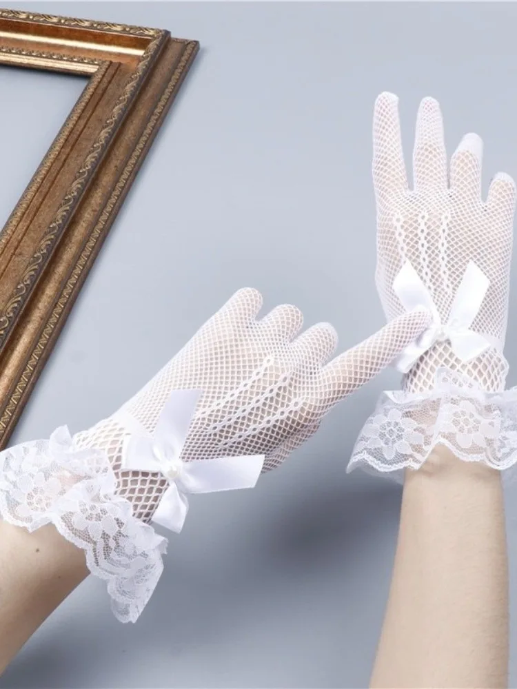 Gants de mariée en dentelle résille extensible, 1 paire, gants ajourés à cinq doigts avec nœud papillon en dentelle et perles, gants Lolita pour mariage, nouvelle collection