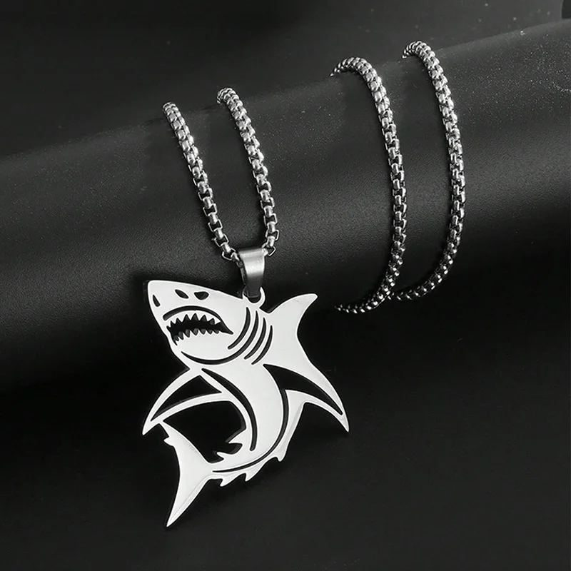 Hip Hop Silver Color Great White Shark Pendant Necklace For Men Stainless Steel Jewelry Gifts