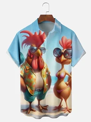 Camicia a maniche corte hawaiana da uomo camicia Casual da uomo con stampa di pollo del fumetto camicia a maniche corte da uomo di moda di strada quotidiana estiva