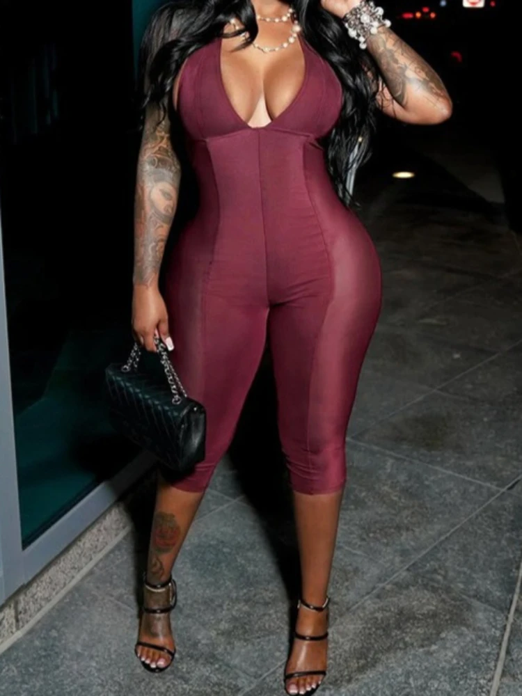 

Foamlina Sexy See Through Mesh Patchwork Jumpsuit Women Deep V Halter Sleeveless Backless Bodycon Romper for Party Street Outfit