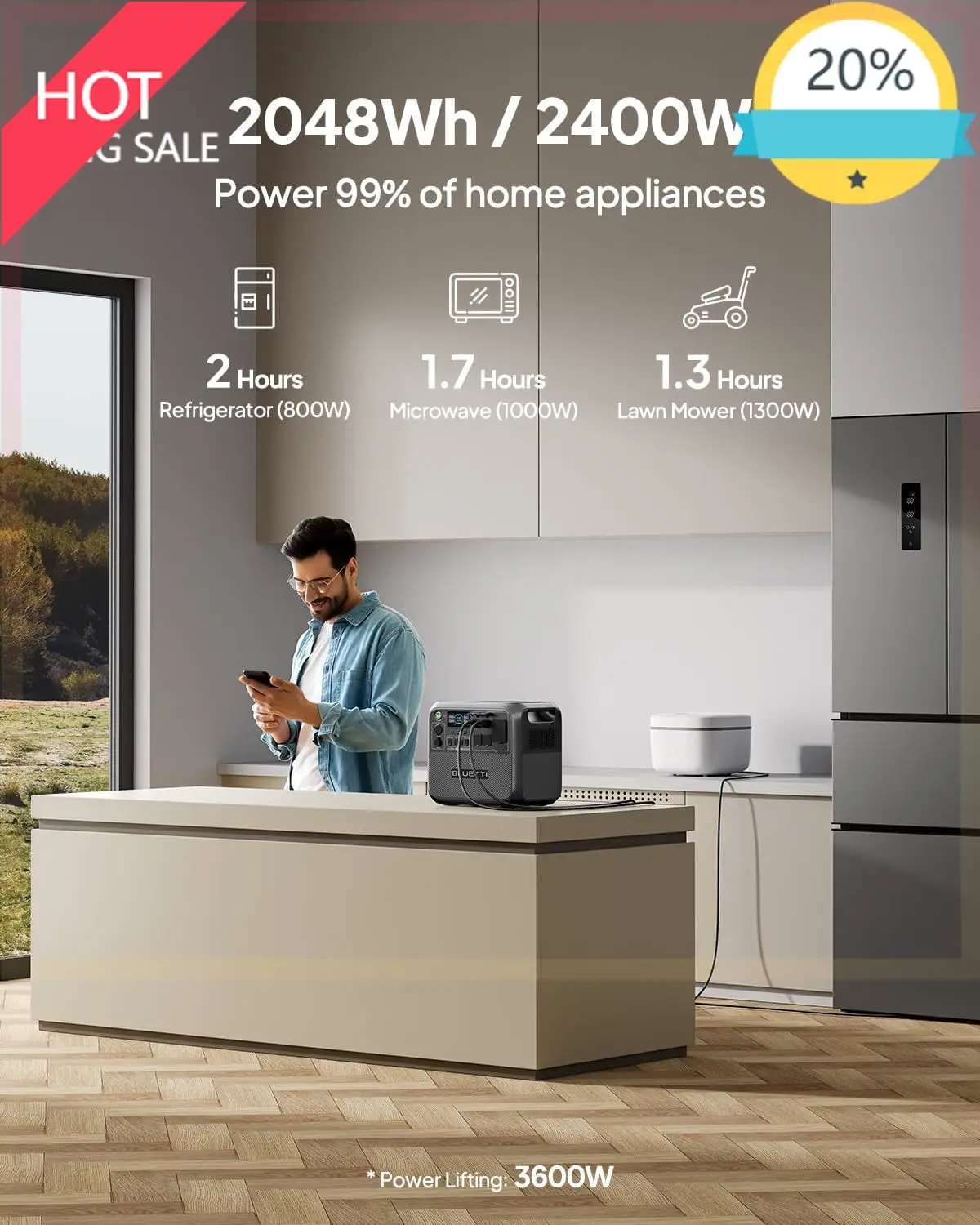 

(XMSJ) Солнечный генератор AC200L, резервная батарея LiFePO4 емкостью 2048 Втч, расширяемая до 8192 Втч с 4 розетками переменного тока мощностью 2400 Вт (300 Вт Power Lifting)UB