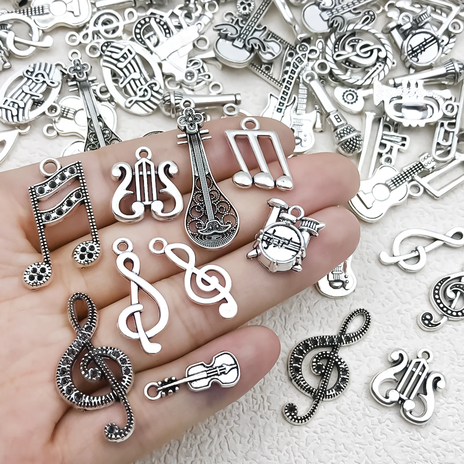 Vintage Music Charms, 20/50/100 Pcs Antique Silver Alloy Instrument & Note Pendants for DIY Jewelry Making.