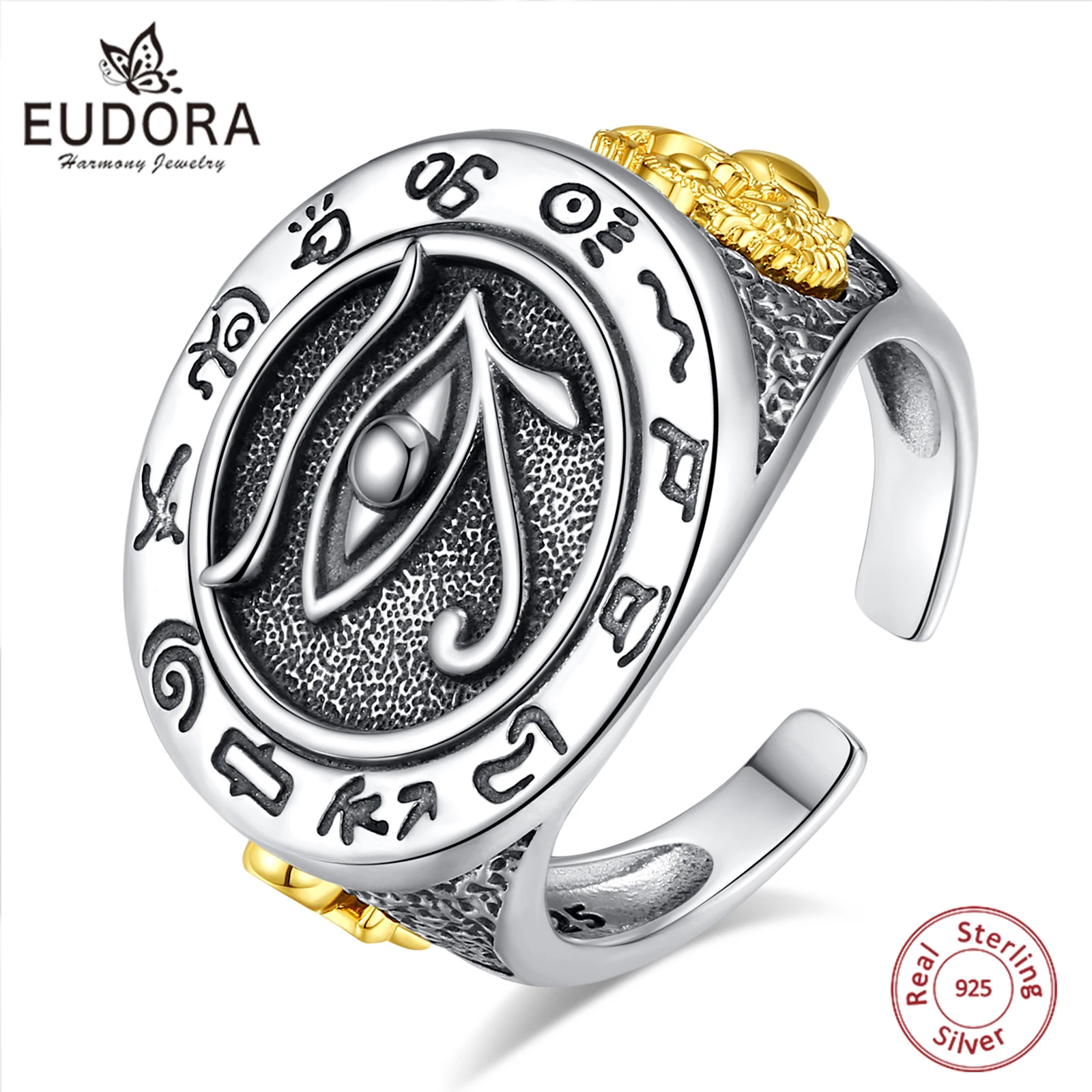 Eudora 925 Sterling Silver Evil Eye Adjustable Ring for Man Women Vintage Runes Ankh Cross Amulet Ring Egyptian Jewelry Gift