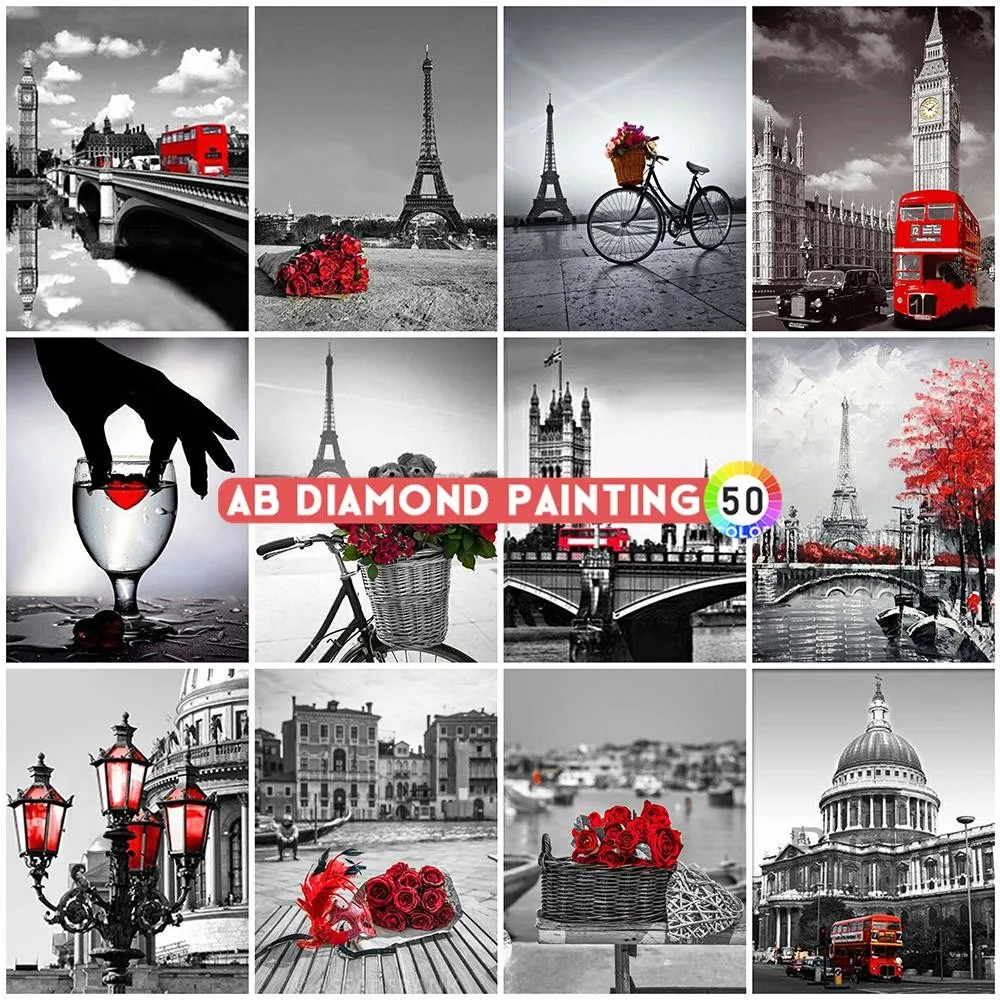 AB Diamond Painting 5D Embroidery Black And Red Rhinestones Scenic City Cross Stitch Room Decor Full Drill DIY Wall Stickers