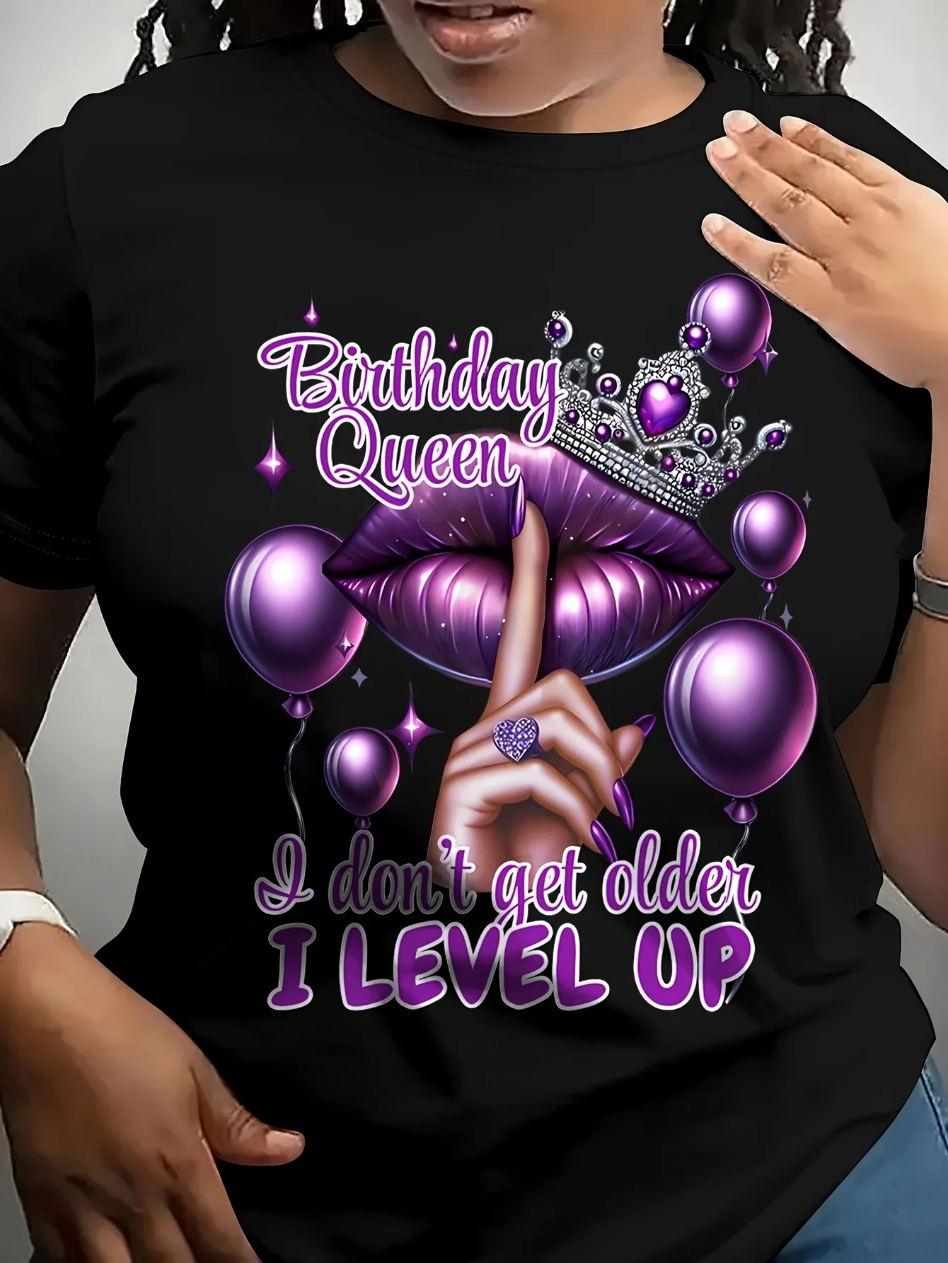 Birthday Queen Women's Tee, Purple Lips Crown Graphic White Top