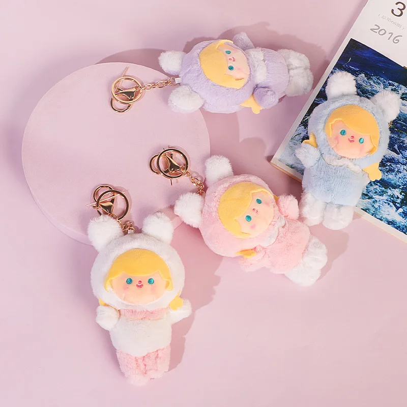 Kawaii Bunny Hood Doll Plush Keychain Cartoon Little Girl Stuffed Pendant Fluffy Character Keyring Backpack Decor Girls Gift