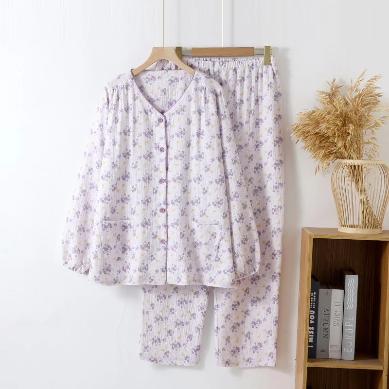 

100% Cotton Comfortable Women's Pajamas Set Spring Autumn Home Clothes Loose Print Sleepwear Female Suit New Pijamas De Mujer