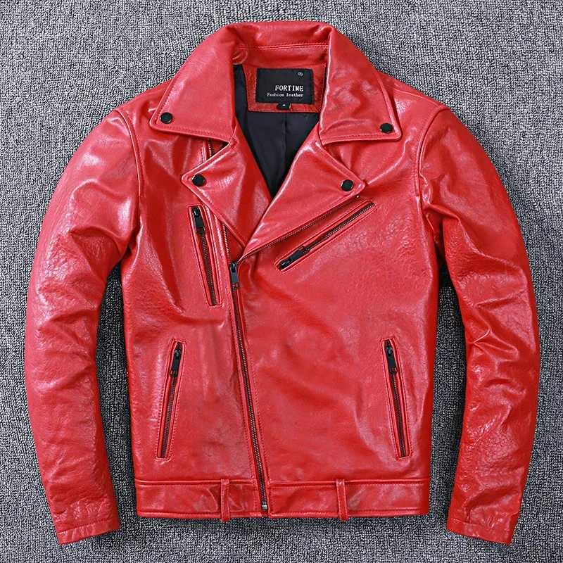 New Spring Tanned Sheepskin Genuine Leather Motorcycle Jacket Men's Soft Red Slim Fit Clothing Oblique Zipper Fashion Male Coat