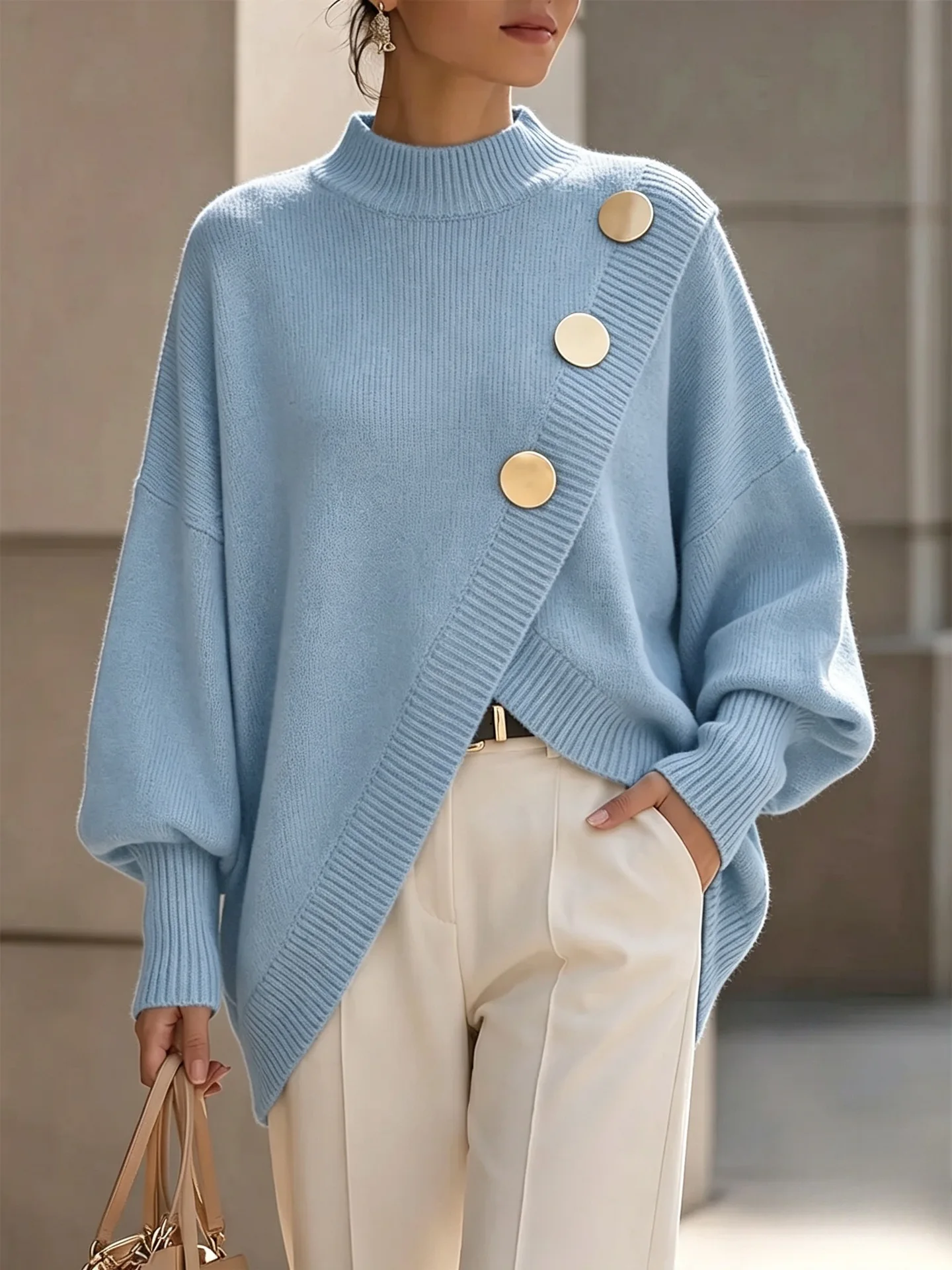 2026 Casual Knitted V Neck Sweater Fall Winter Fashion Button Warm Commuter Jumper Elegant Solid Adjustable Long Sleeve Pullover