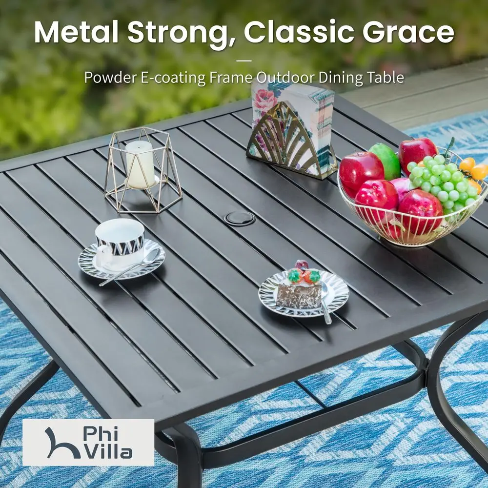 

5 Pieces Outdoor Dining Set for 4, 37 Black Square Wrought Iron Table with Umbrella Hole amp Stackable Chairs, Outside Metal Fu