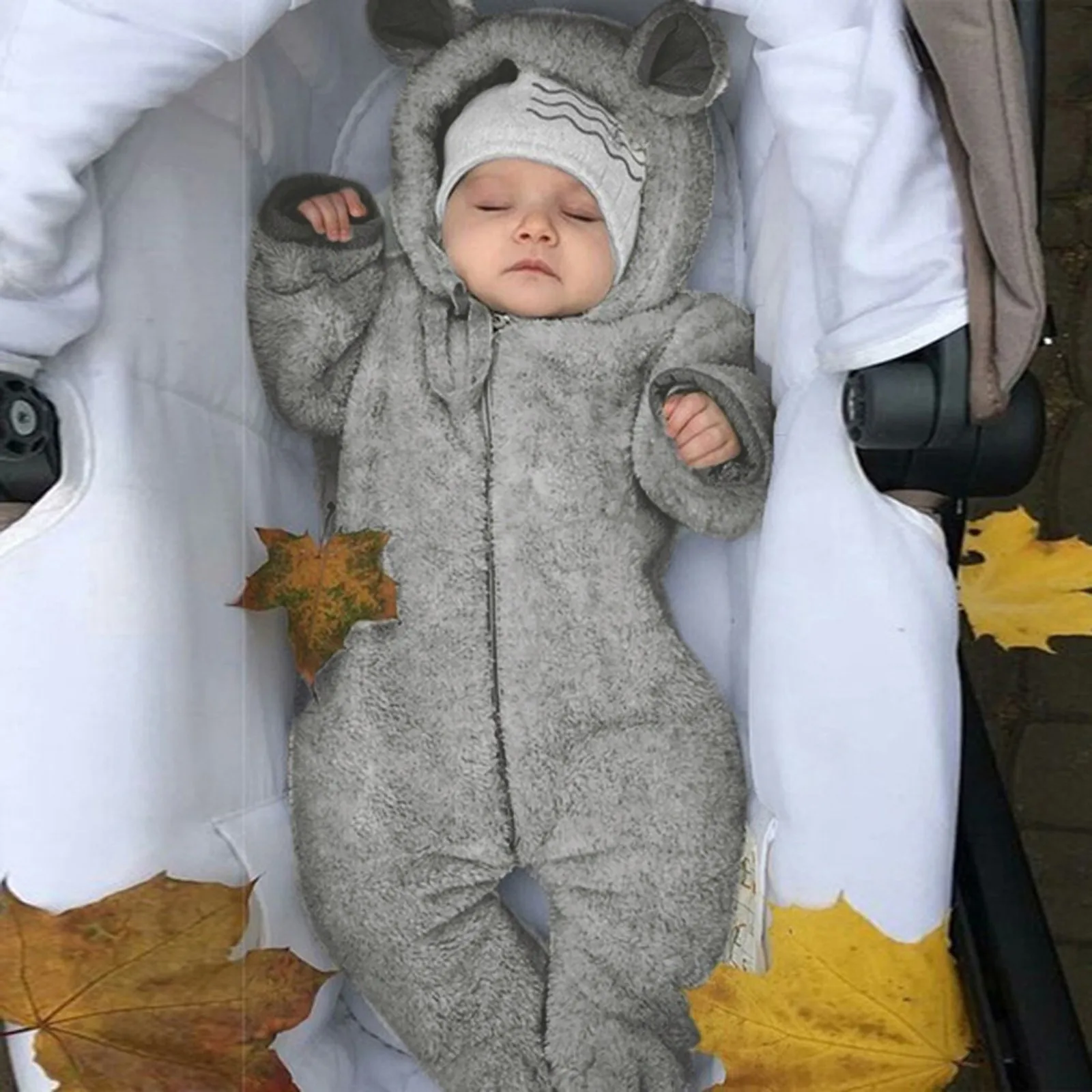 Autumn Cotton Infant Rompers Outfits Solid Cute Ear Long Sleeve Toddler Warm Hooded Bodysuit Newborn Baby Boy Girls Jumpsuit