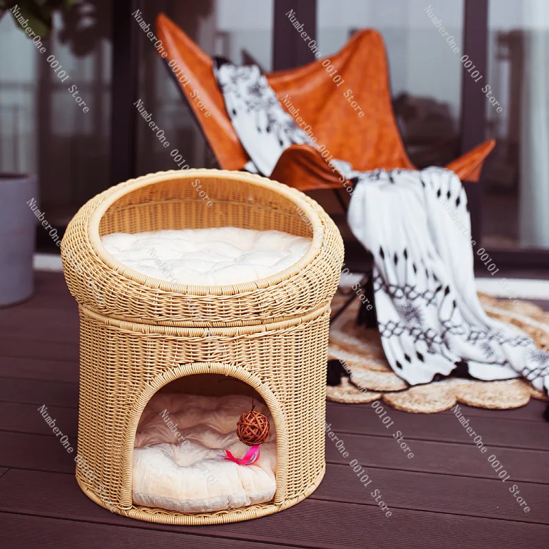Rattan Woven Cat Bed House, Double-Layer Enclosed Cat Condo with Scratch Resistant, Cozy Pet Cave for Indoor Cats