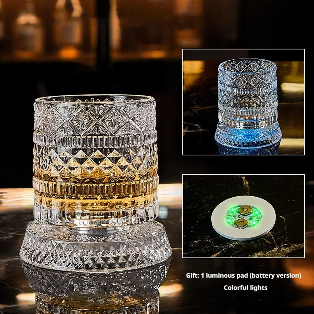 360° Rotating Whiskey Glass with LED Light Spinning Crystal Bourbon Tumbler Glowing Old Fashioned Scotch Glasses Gift