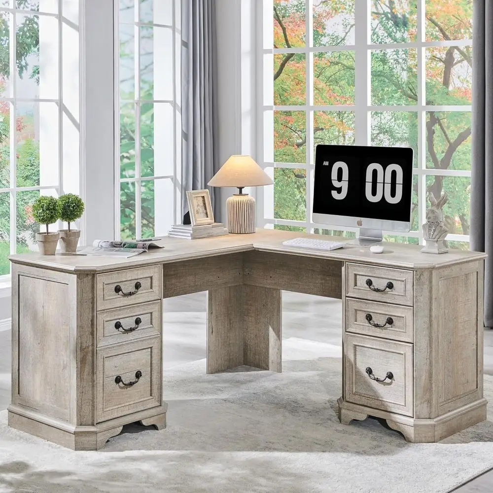 

Письменный стол L-образной формы из массива дуба в деревенском стиле с ящиками, зарядной станцией и местом для хранения для домашнего офиса или кабинета