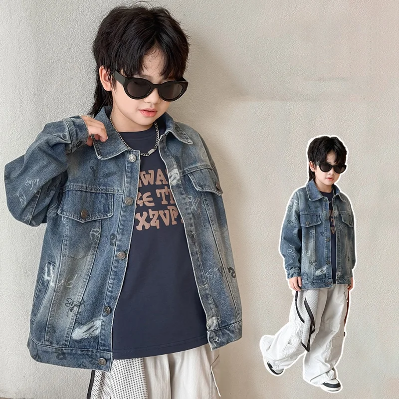 

Baby Boy Denim Jacket Kids Spring Autumn Cargo Trench Jacket Toddler Child Drawing Printed Boy Casual Fashion Blue Coat Age4-14Y